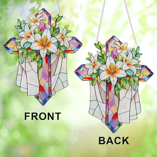 Stained Glass Cross Suncatcher with Floral Design - Religious Wall Decor Gift