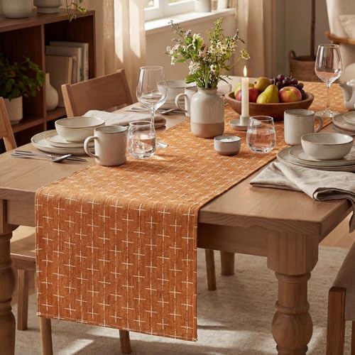 Caramel Cross-Star Textured Table Runner 13x72 Inch Waterproof Rustic Decor