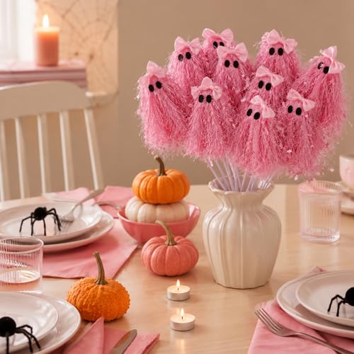 Pink Halloween Ghost Stem Picks - 12 Inch Glitter Ghost Decorations - Set of 12