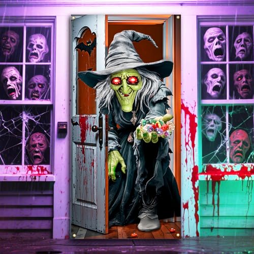 Funny Witch Halloween Door Cover for Trick or Treat - Multicolor