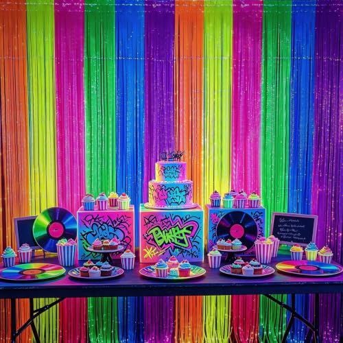 Glow in The Dark Neon Rainbow Foil Fringe Curtain - Party Backdrop & Decor