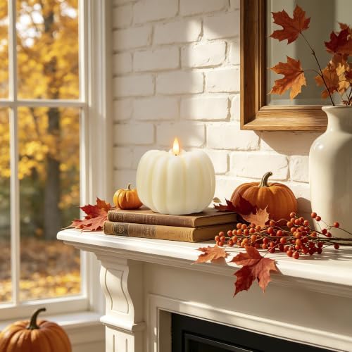 White Flameless Pumpkin Candle with Remote & Timer - Fall Decor, Real Wax, 3D LED Flame, Harvest