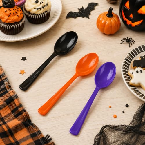 Halloween Plastic Spoons Set - Black, Orange & Purple Disposable Cutlery - 60 Pcs