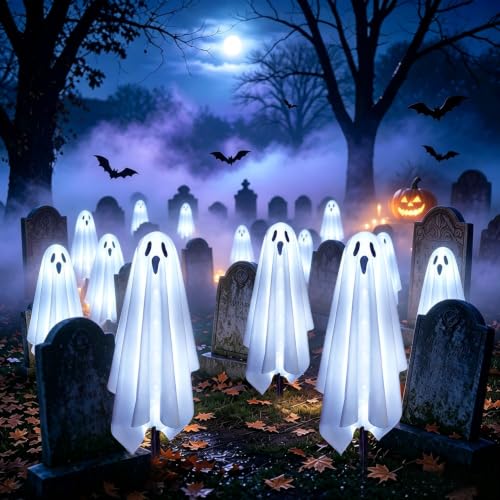 Solar Ghost Lights Outdoor Halloween Decoration Set of 6 Spooky Pathway Stake Lights