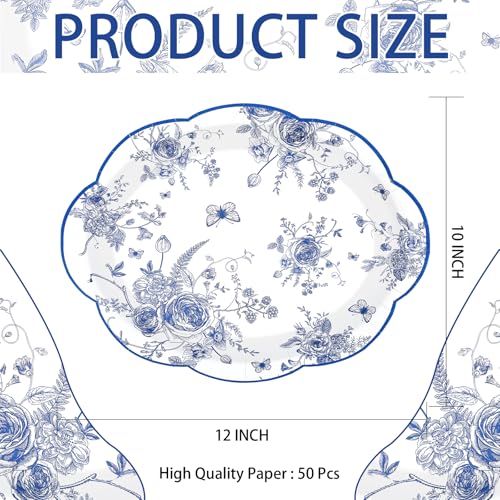 Blue White Floral Oval Plates - 50Pcs 10x12 Inch Chinoiserie Scalloped Dinnerware - Variation: Blue White Floral
