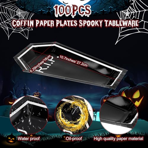 Halloween Coffin Paper Plates - R.I.P. Style, 100 Pack, Party Tableware