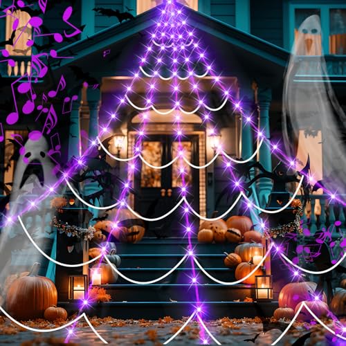 17FT Spider Web Halloween Decoration with Motion-Activated Purple LED Lights