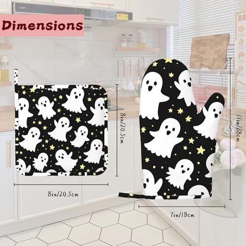 Halloween Ghosts Heat-Resistant Silicone Oven Mitts & Pot Holders Set - Long Non-Slip Kitchen Gloves