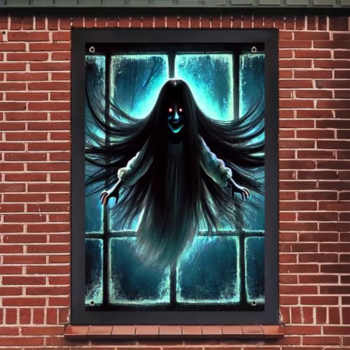 Halloween Floating Ghost Window Cover - 31x47 Inch Polyester, Ghost Girl Variation