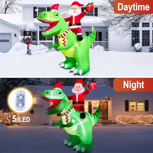 8FT Christmas Inflatable Santa Riding Dinosaur with LED Lights Outdoor Holiday Decor
