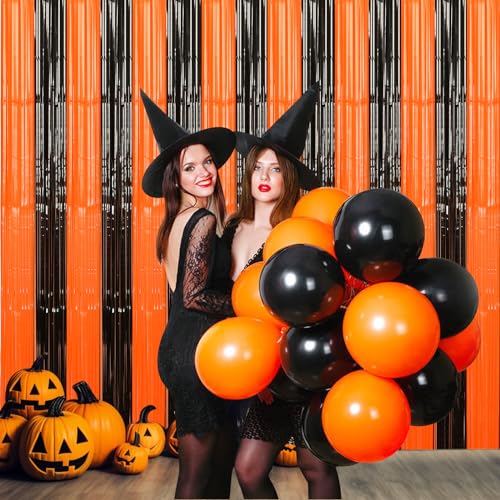 Black and Orange Party Streamers 3 Pack - Foil Fringe Curtains for Halloween & Holiday Decorations