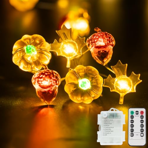 Orange Pumpkin with Maple & Acorn Halloween Lights - 40 LED Battery-Operated with Timer & Remote