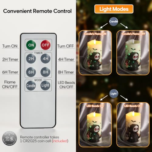 Halloween Fiber Optic Flameless Candle Set - Reaper, Cat, Ghost with Remote Control