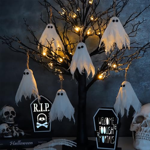 Halloween Lighted Black Tree with Ghost Ornaments - Indoor Decor