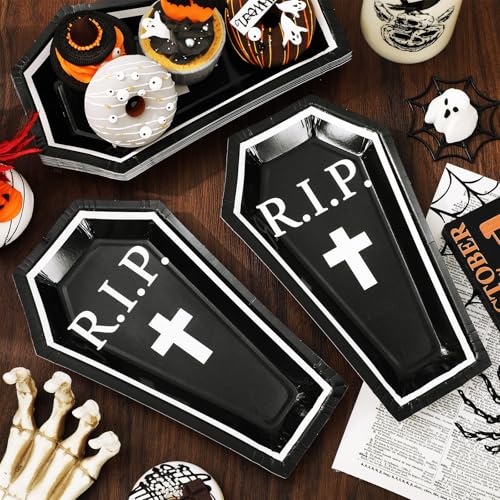 Halloween Coffin-Shaped Paper Plates - 24 Pack, Black & White Disposable Dinnerware, 9.8 x 5.9 in - Normal