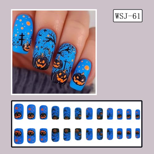 Halloween Press On Nails Medium Square Fake Nails with Pumpkin Design - Blue Matte - Variation of THIS listing