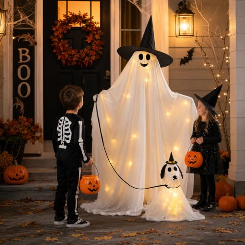 Outdoor Halloween Light-Up Ghost with Barking Ghost Dog - White, One Size