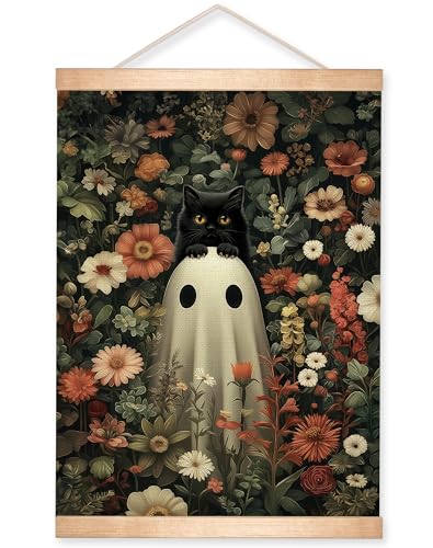 Ghost and Black Cat Gothic Wall Art Canvas - Colorful Halloween Decor, 18.5x14 Inch - Ghost01