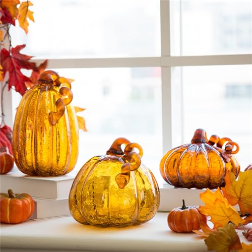 Hand Blown Glass Pumpkin Decor - 9 Inch Amber Autumn Centerpiece