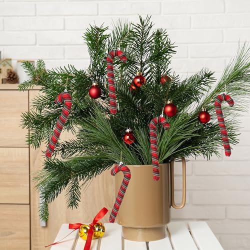 Red Plaid Candy Cane Christmas Tree Ornaments - Farmhouse Decor, 12 Pack