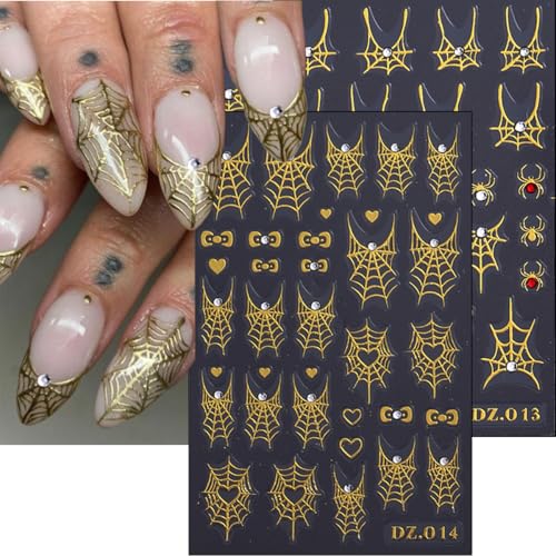 Halloween Nail Art Stickers Decals with Rhinestones - 4 Sheets with Spider Web & Goth Design - Variation 19