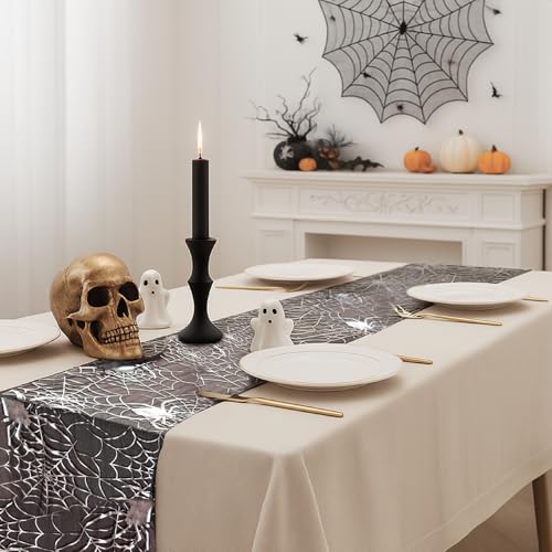 Halloween Table Runner Silver Spider Web Pattern 13x72 Inch Gothic Table Cover