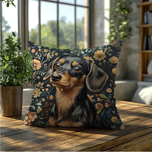 Dachshund Floral Decor Pillow Cover 18x18 - Rustic William Morris Inspired