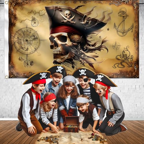 Pirate Backdrop 5x3ft Treasure Map Banner Skull for Pirate Party Halloween Photo Booth