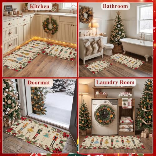 Christmas Kitchen Rugs Set with Nutcracker Red Pattern - Non-Slip Holiday Door Mat and Runner