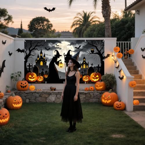 Halloween Witch Garage Door Cover Banner 18x7ft - Black Spooky Graveyard Scene