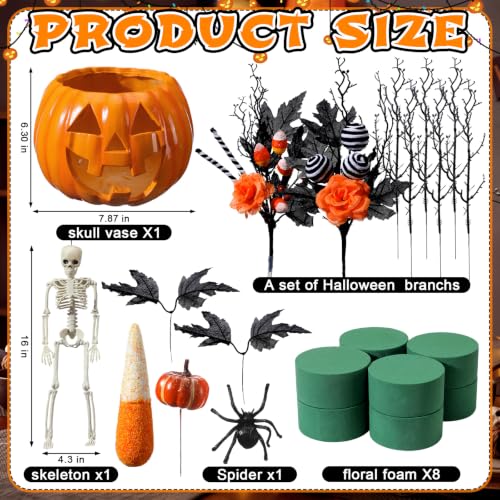 Halloween Skull Pumpkin Vase with Black & Orange Branches - DIY Spooky Decor - Skull Variation