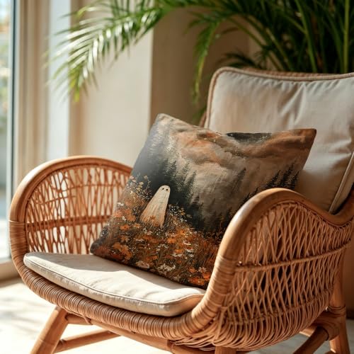 Halloween Ghost Mountains Throw Pillow Cover 18x18 in - Fall Flowers Variation