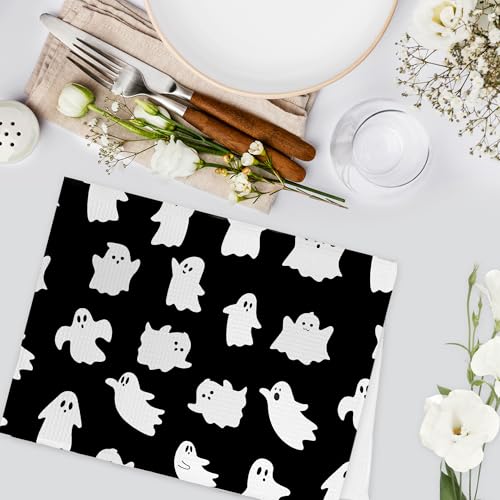 Halloween Ghost Kitchen Hand Towels Set of 2 - Black Spooky Decor, 16x24 Inches