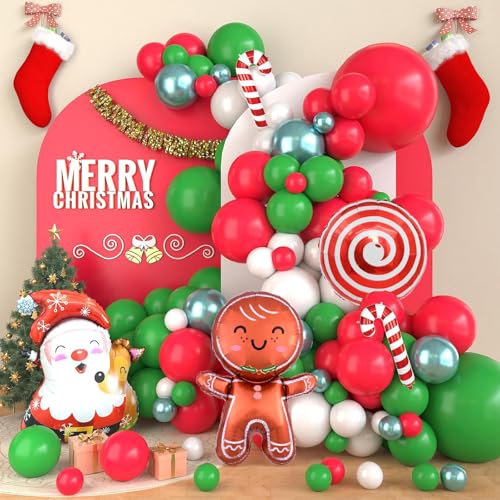 Christmas Balloon Garland Arch Kit with Santa & Snowflake Balloons - Green, Red, White