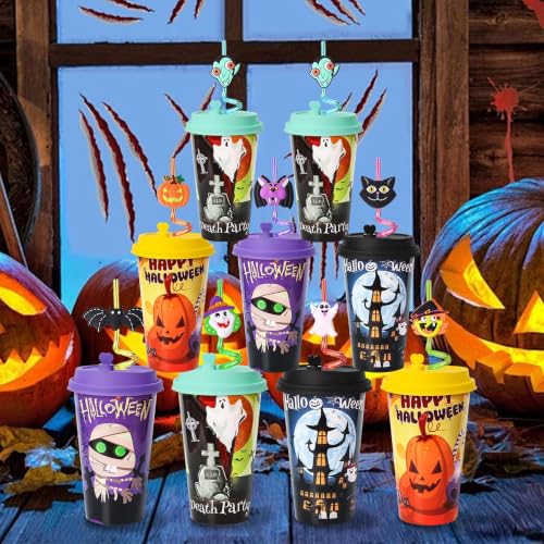 48 Pack Halloween Party Cups with Lids & Silly Straws - Reusable Bulk Set
