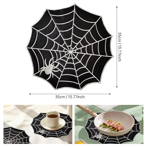 Spider Web Halloween Placemats Set of 6, Black Cotton Washable Table Mats