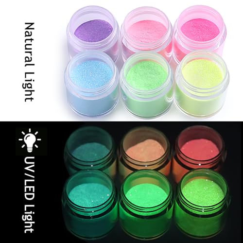 6 Colors Glow in The Dark Nail Powder Set with Glitter & Brush - Sugar Effect