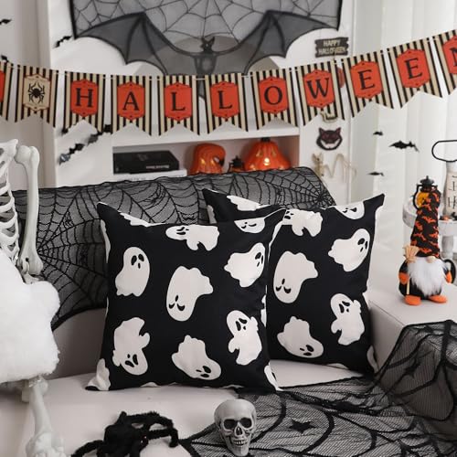 Halloween Pillow Covers 16x16 Inch Set of 2 Ghost Decor Black & White - Outdoor & Sofa