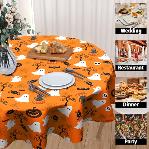 Halloween Round Tablecloth 60 Inch - Fall Pumpkin & Ghost Design for Party & Dining