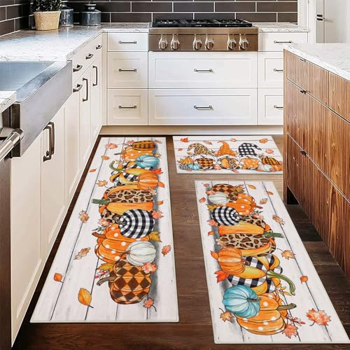 Fall Kitchen Rug Set of 3 - Washable Pumpkin and Plaid Runner Mats with Non-Slip Backing - Leopard Pumpkins Variation