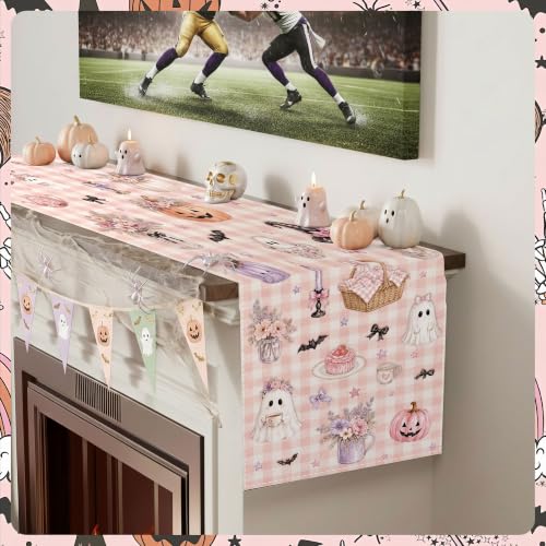 Pink Halloween Ghost Table Runner - Cute Gingham Party Decor, 13x72 inches - Variation of Pink Ghost
