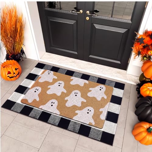 Halloween Ghost Welcome Doormat with Black and White Buffalo Plaid Set - Non-Slip Indoor Outdoor Decor