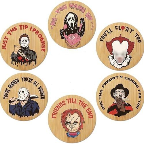 Halloween Spooky Coaster Gift Set - 6 Wooden Horror Movie Character Drink Coasters for Party Decor