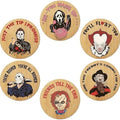Halloween Spooky Coaster Gift Set - 6 Wooden Horror Movie Character Drink Coasters for Party Decor