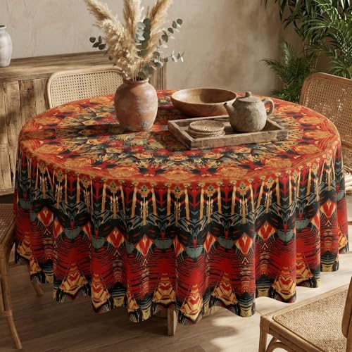 Orange Bohemia Round Tablecloth 60in - Boho Polyester Cover for Dining & Events