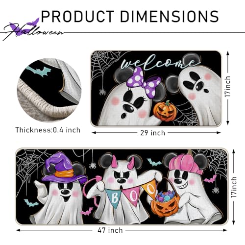 Halloween Ghost Kitchen Rugs Set of 2 - Non-Slip Decorative Doormat with Jack O Lantern & Spider Web Pattern - Variation: Ghost
