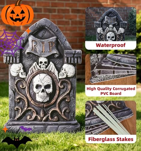25.6 Inch Halloween Tombstones Outdoor Graveyard Decorations 5-Pack - Weatherproof Plastic, Spooky Cemetery Props, Stable Stakes
