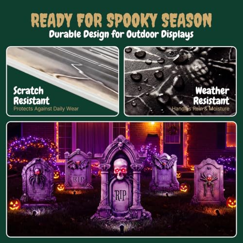 Halloween Tombstones Yard Signs with Stakes - 5 Pack, Glow-in-Dark Eyes, Realistic Haunted Cemetery Decor