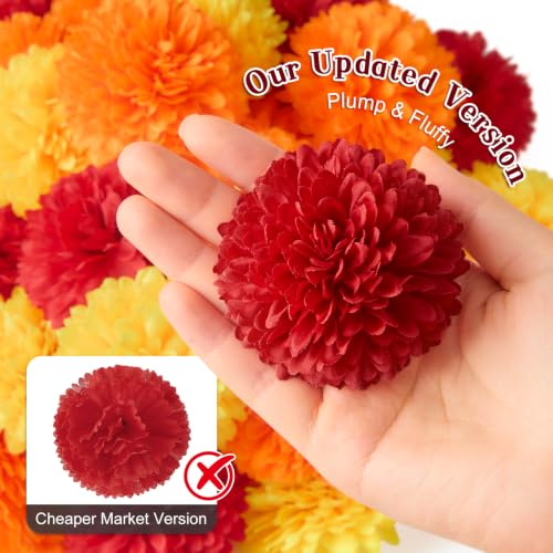 Artificial Marigold Flowers with Stems - Full & Fluffy 40 Pcs for Decor