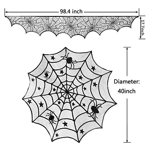 Halloween Spiderweb Lace Tablecloth with Black Spider, 17.7 x 98.4 Inch - Mantle & Window Decor